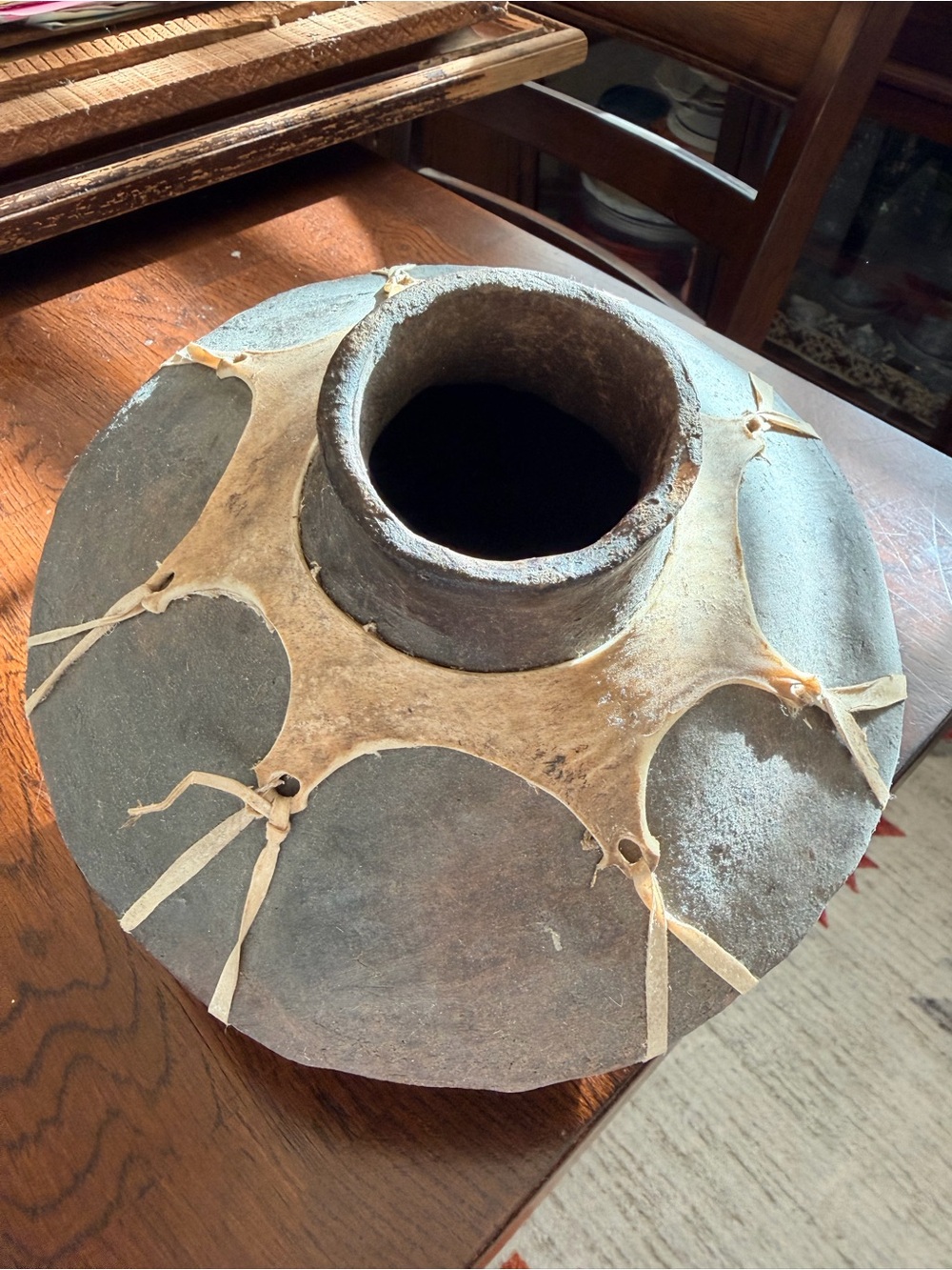 Vintage Rustic Handcrafted Native American Pottery Vessel with Leather Accents